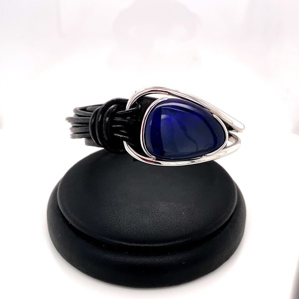 Blue silver and leather bracelet